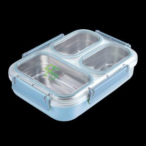 PAC2GO Sassy Collection 1.2L 3 Compartments 304 Stainless Steel Insert Leak Proof Lunch Box With Powder Blue Body & Clip