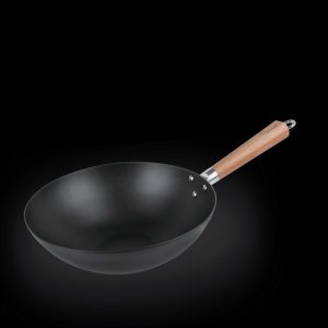 Blusteel 28 x 9.5 cm Round Bottom Carbon Steel Wok with Mark Acacia Wooden Long Handle with Induction (3.7L)