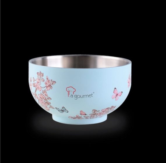 La gourmet® Vintage Collection 14cm Double Wall SUS304 Stainless Steel bowl with matte enamel Embossed Printing Twin Set (Turquoise)